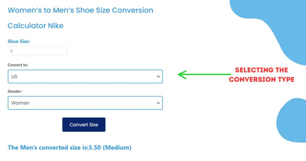 Selecting the Conversion Type Women’s to Men’s Shoe Size Conversion Calculator Nike