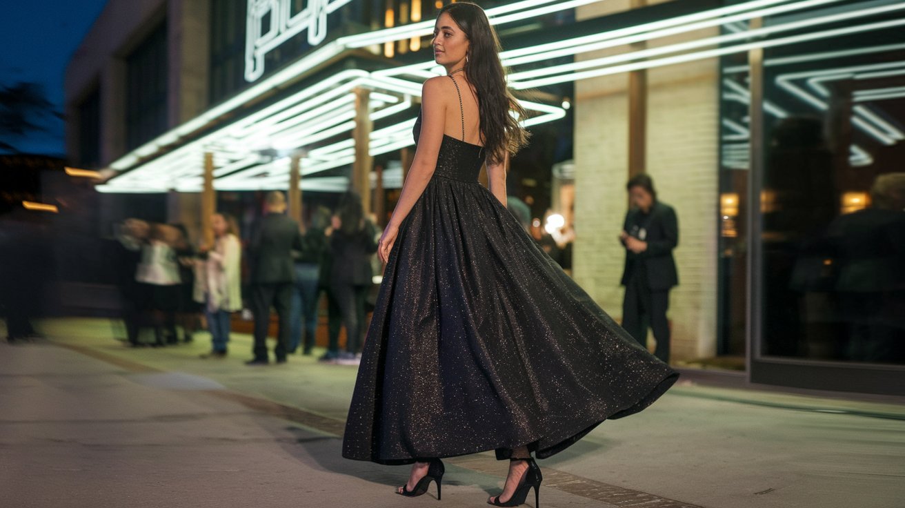 Woman in a black glitter dress at a formal evening event