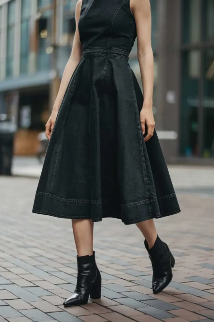 black denim dress with Ankle Boots