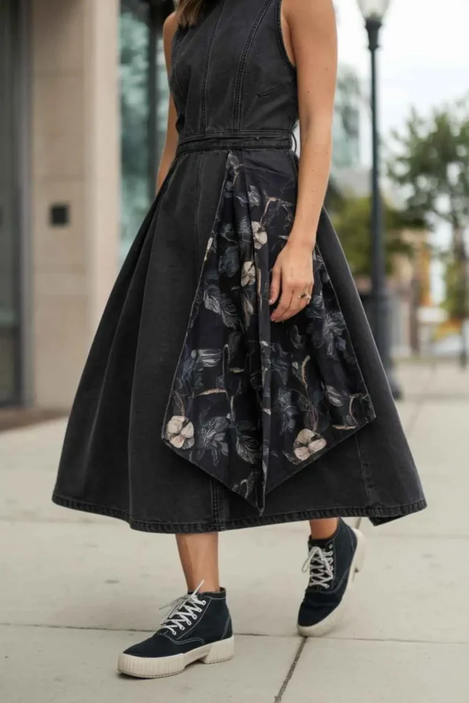 black denim dress with Ankle Sneakers