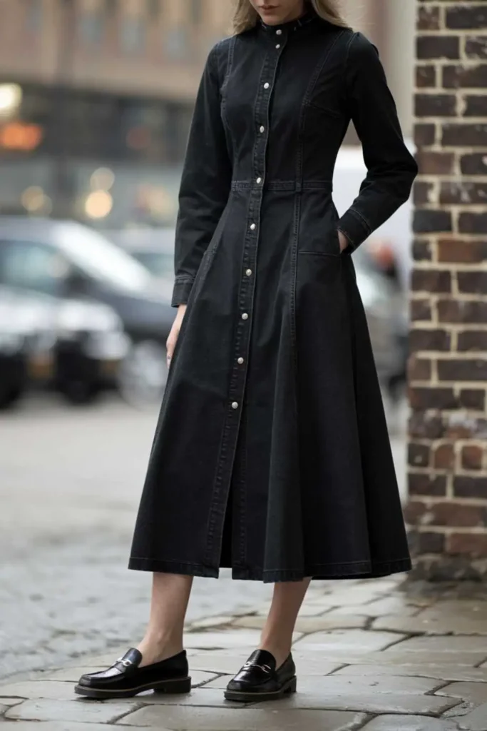 black denim dress with Loafers