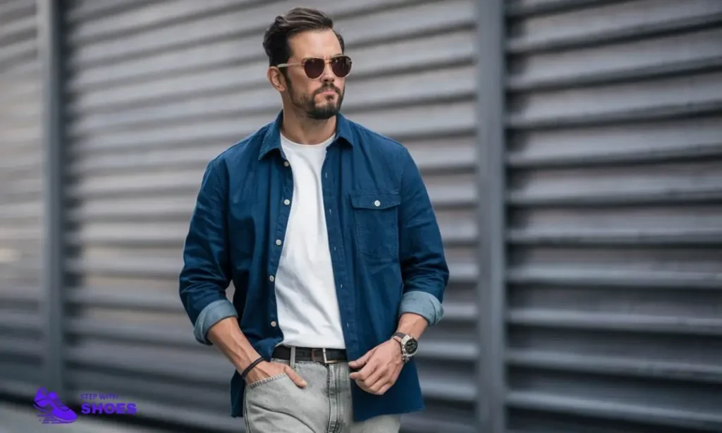 Casual Shoe Wear With Indigo Color Shirt And Light Colored Jeans