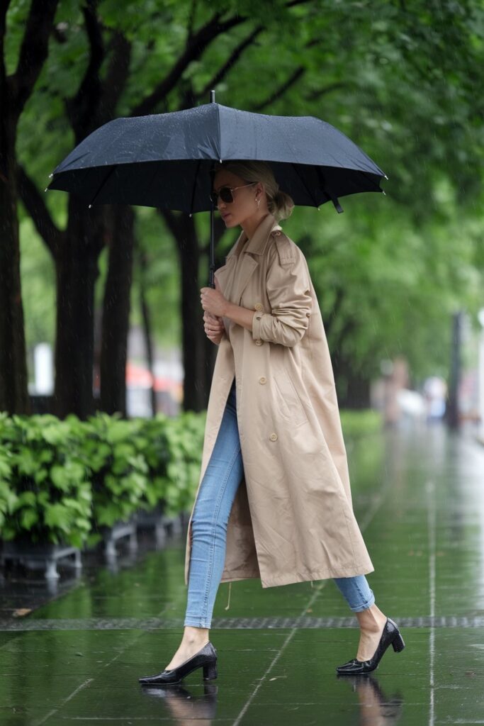 Beige Trench Coat + Skinny Jeans + Patent Mary Janes