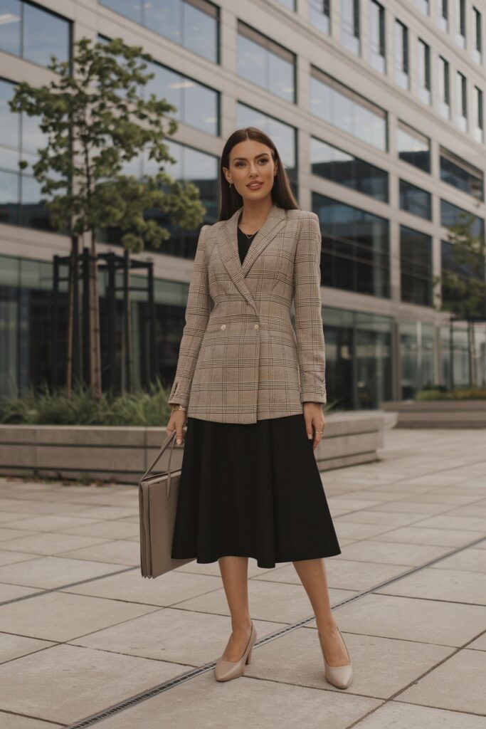  Plaid Blazer + A-Line Skirt + Neutral Mary Janes