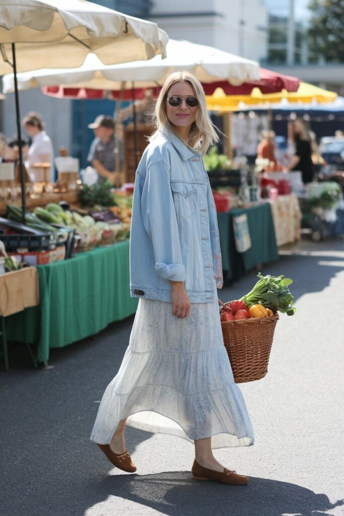 Light Denim Jacket + Maxi Skirt + Brown Mary Janes