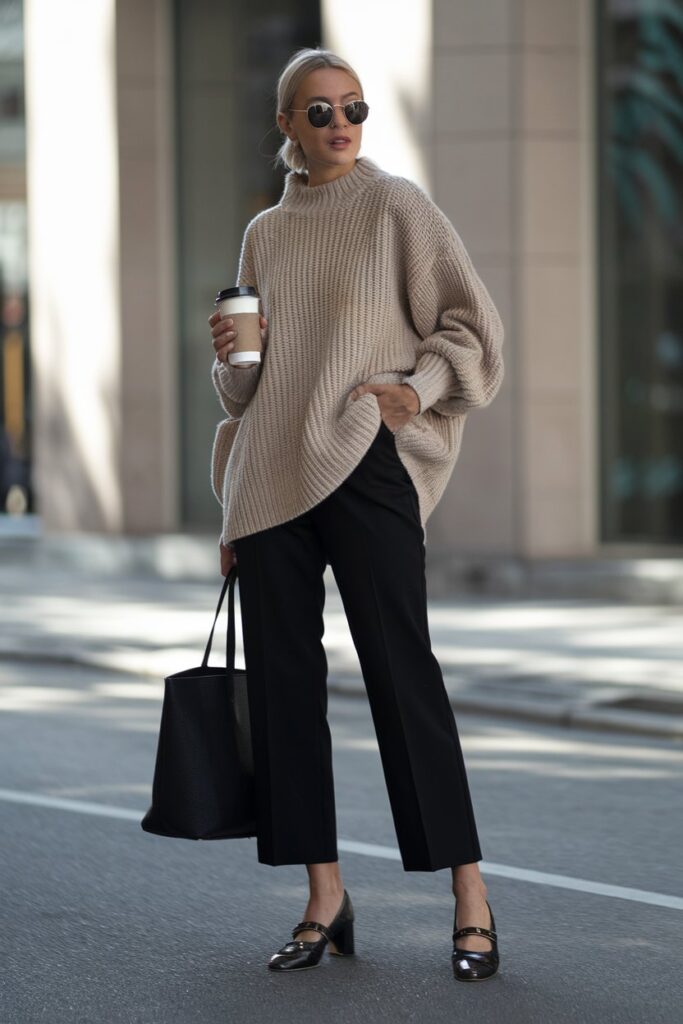 Oversized Knit Sweater + Cropped Trousers + Classic Black Mary Janes