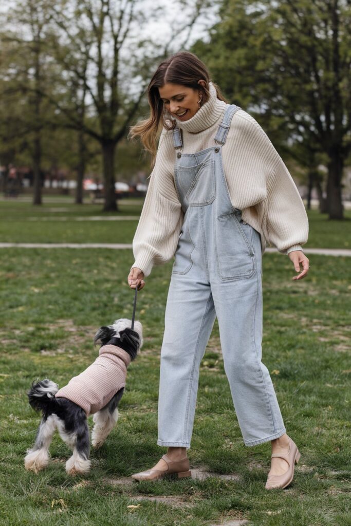 Turtleneck Sweater + Denim Overalls + Mary Janes