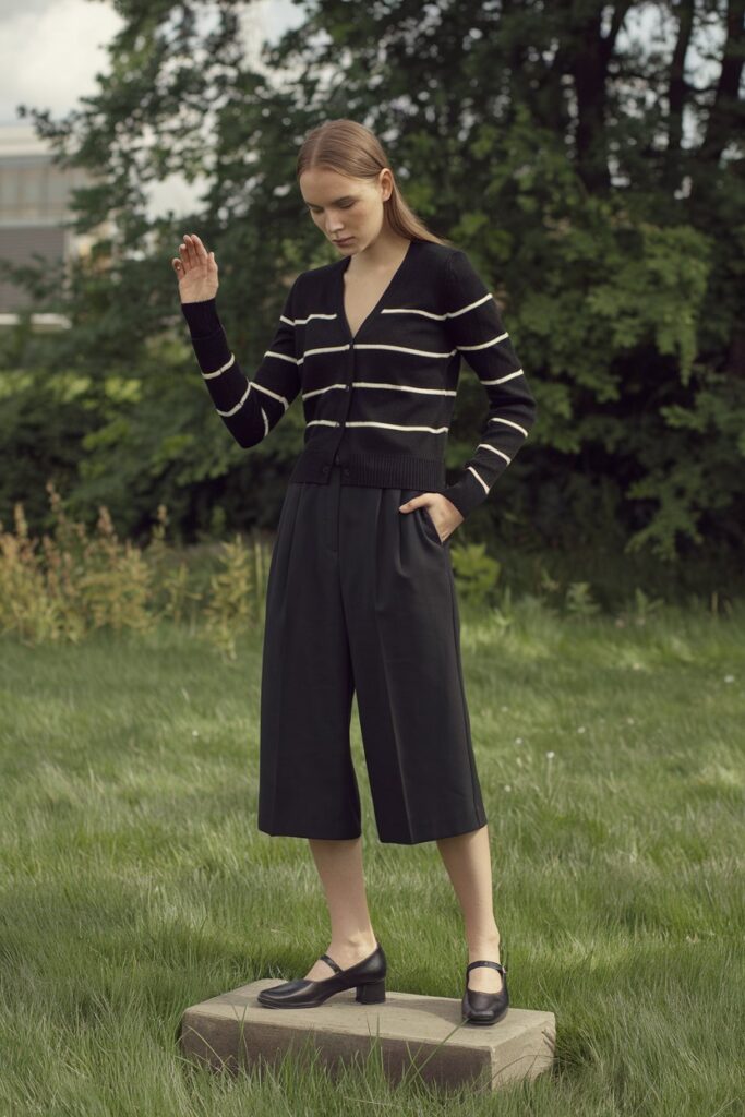 Striped Cardigan + Tailored Shorts + Mary Janes