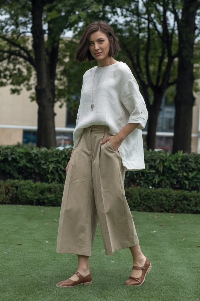  Linen Blouse + Cropped Wide-Leg Pants + Mary Janes