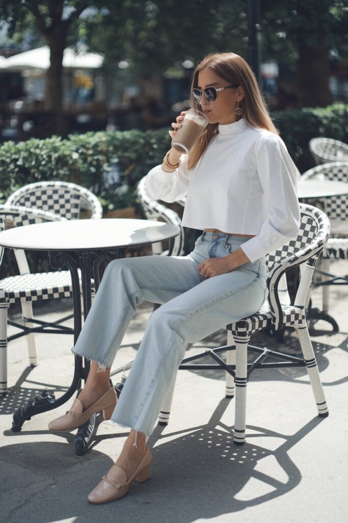 Light Wash Jeans + Cropped Blouse + Neutral Mary Janes