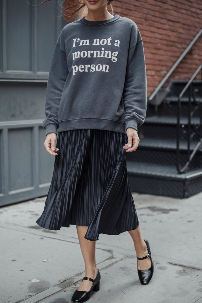 Graphic Sweatshirt + Midi Pleated Skirt + Mary Janes