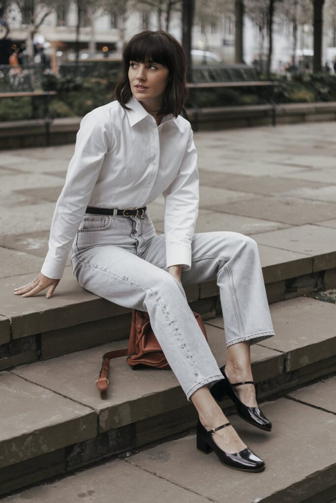  Crisp White Button-Up + High-Waisted Jeans + Patent Mary Janes