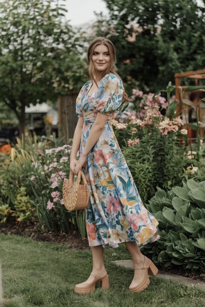 Floral Midi Dress + Chunky-Heeled Mary Janes