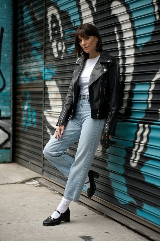 Leather Jacket + Straight-Leg Jeans + Black Mary Janes