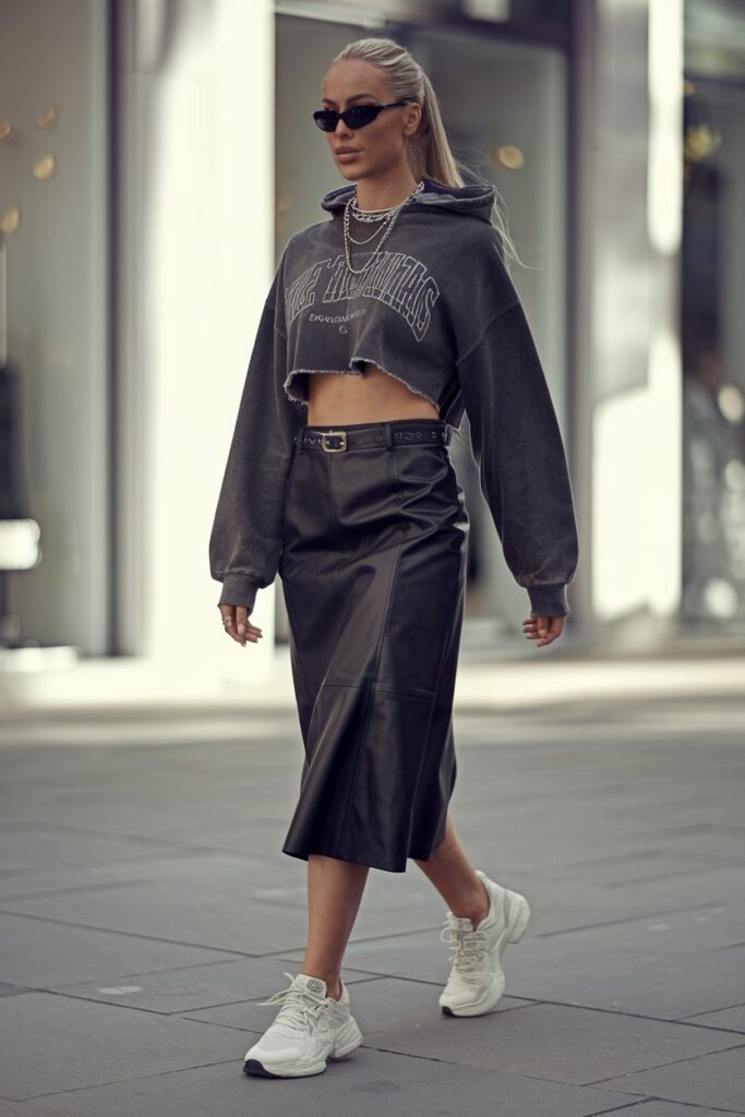 Leather Skirt & Graphic Hoodie