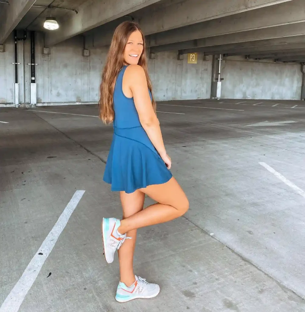 Blue Tennis Dress with Athletic Sneakers