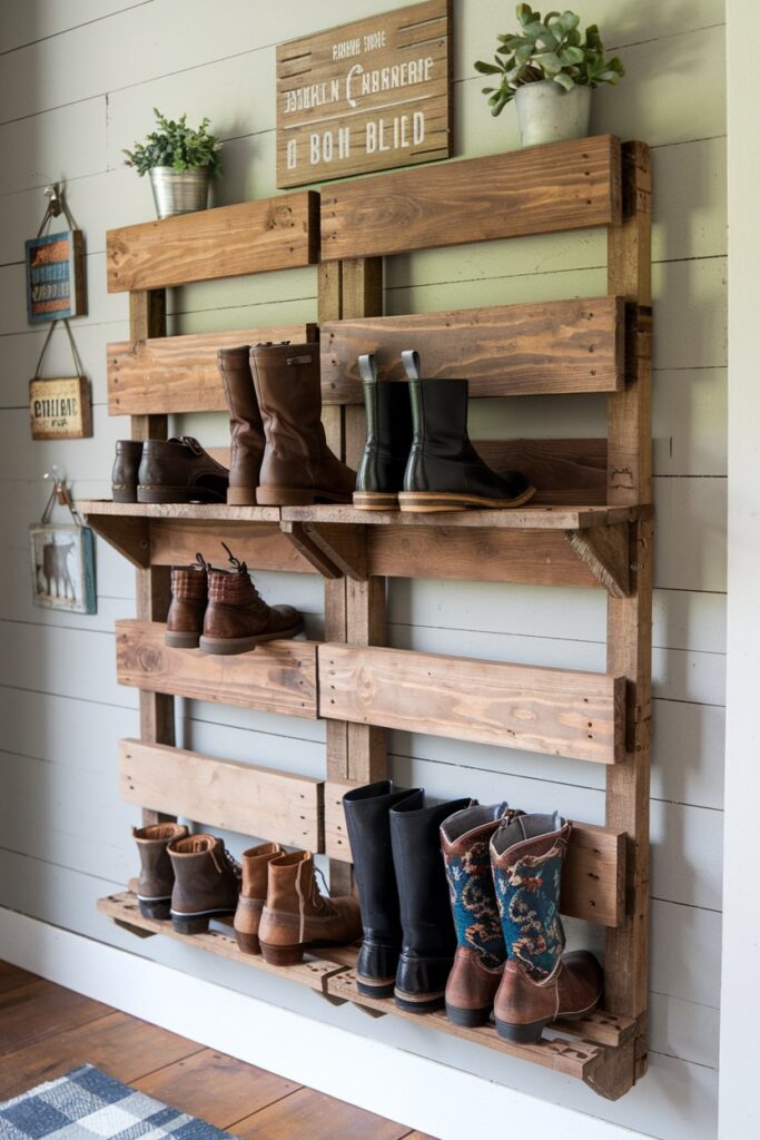 A rustic entryway featuring a DIY shoe rack made from reclaimed wooden pallets