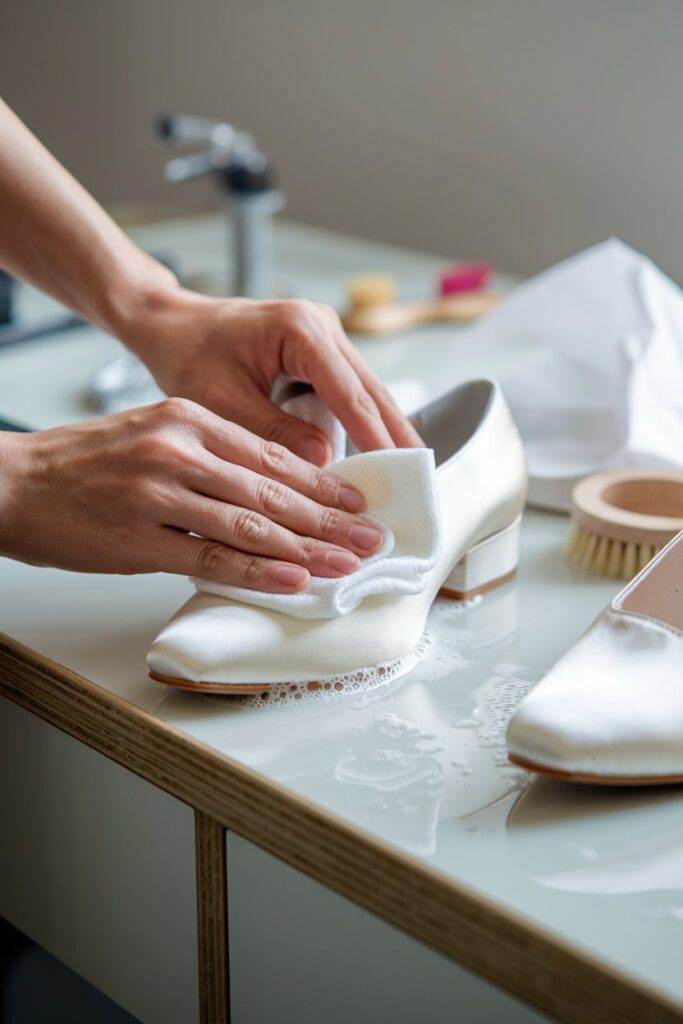 A soft brush gently sweeping off dust from a white satin shoe, set against a clean and minimal backdrop with a focus on the shoe's smooth texture