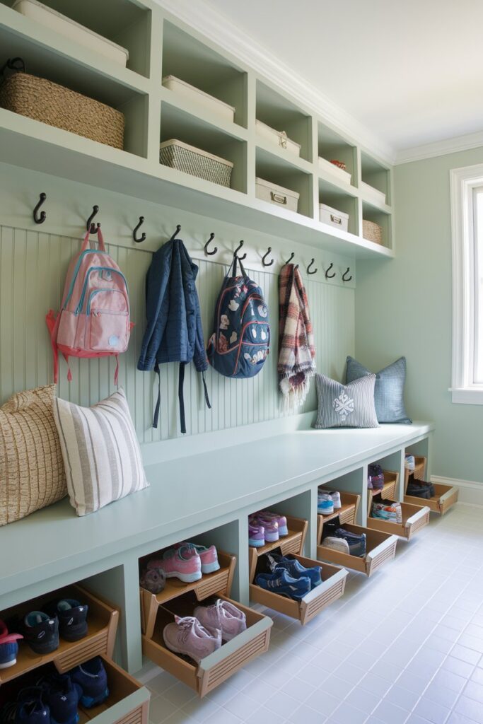 Mudroom Bench with Tilt-Out Shoe Bins