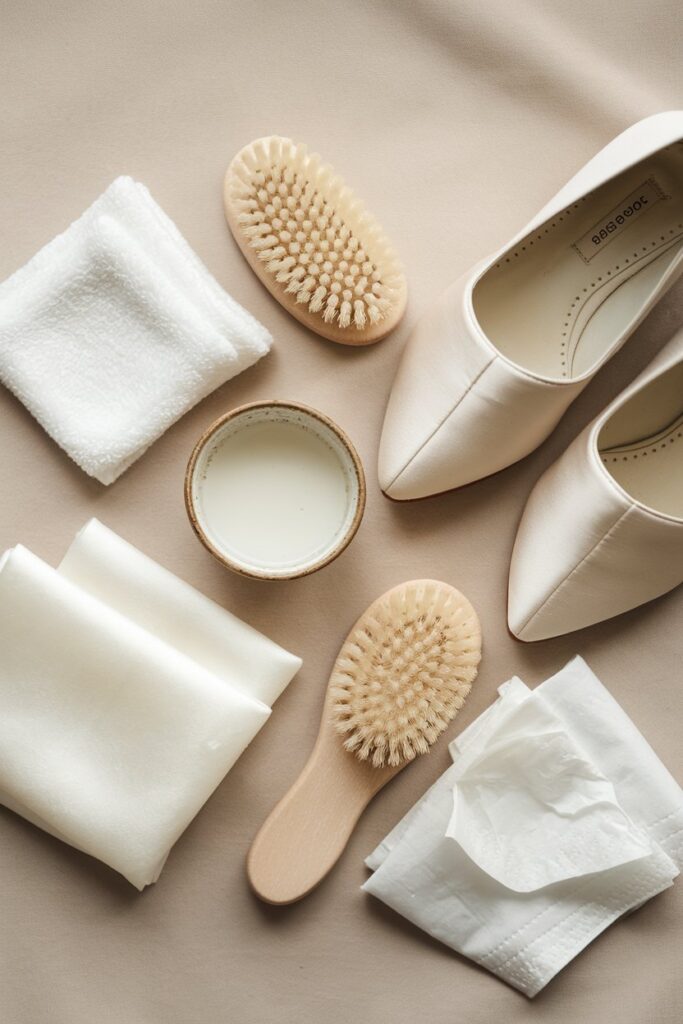 Close-up of hands cleaning a white satin shoe using a soft white cloth dipped in soapy water, with tools like a brush and tissue paper visible in the background on a clean tabletop