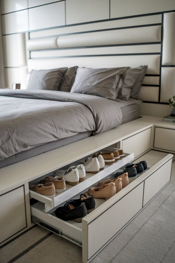 Bed Frame with Built-In Shoe Drawers