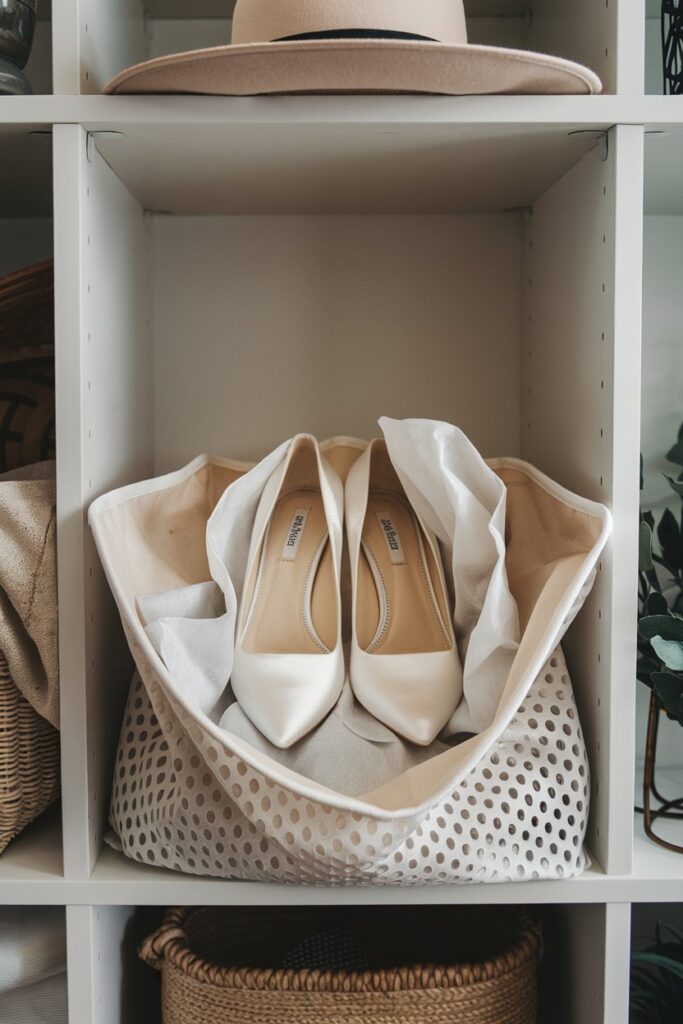 White satin shoes stored in a breathable dust bag, with tissue paper inside for shape support, placed on a neat shelf in a well-organized storage space