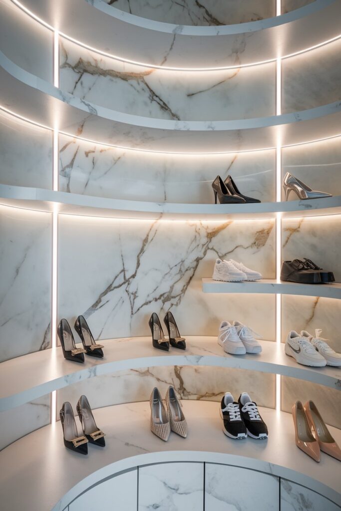 Curved Shelving with Marble Backdrop