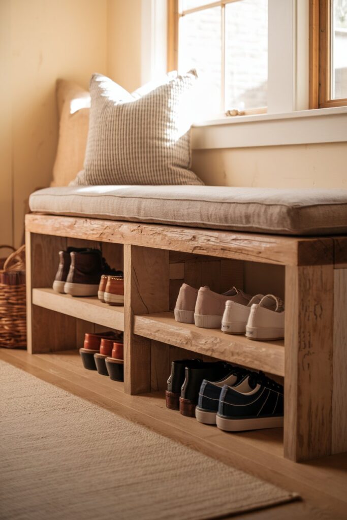 The Classic Wooden Bench with Open Shelves