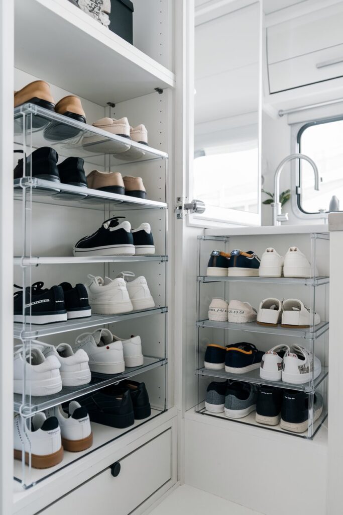 A bright and modern RV interior featuring clear acrylic shoe racks placed in a closet and entryway.