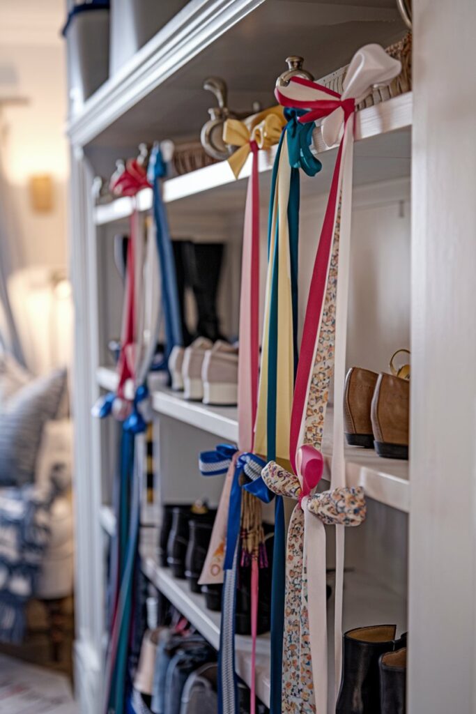 A charming shoe rack embellished with colorful ribbons and twine tied around the shelves and hooks.