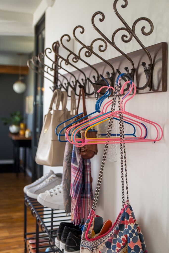 A chic shoe rack adorned with decorative wrought iron hooks and colorful resin hangers.