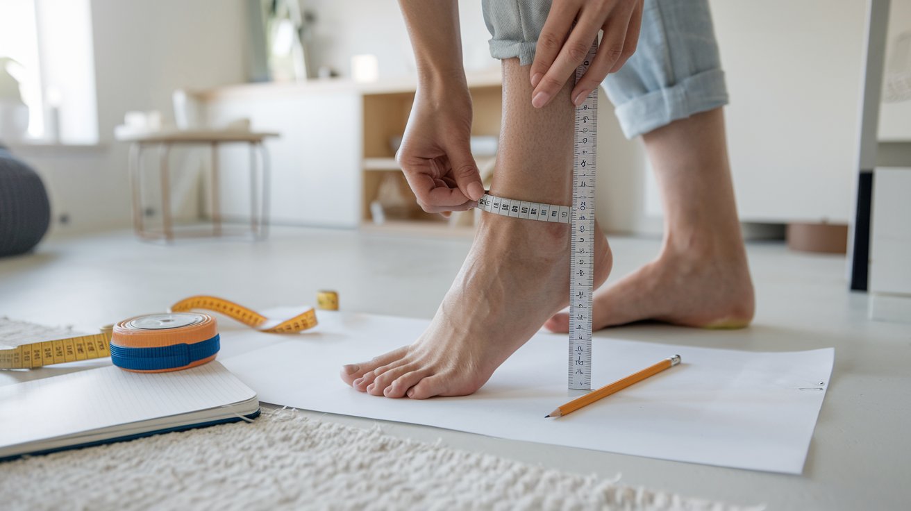 A person measuring their foot on a piece of paper with a pencil and ruler, surrounded by measurement tools.