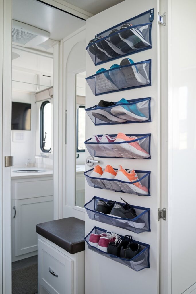 A compact RV entryway with an over-the-door shoe organizer featuring multiple clear pockets holding various colorful shoes. 