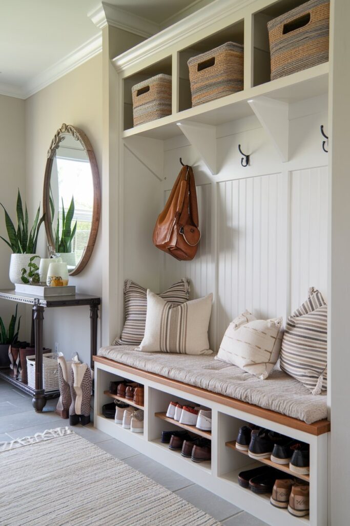 A cozy mudroom featuring a wooden shoe bench with lift-top storage compartments underneath. 