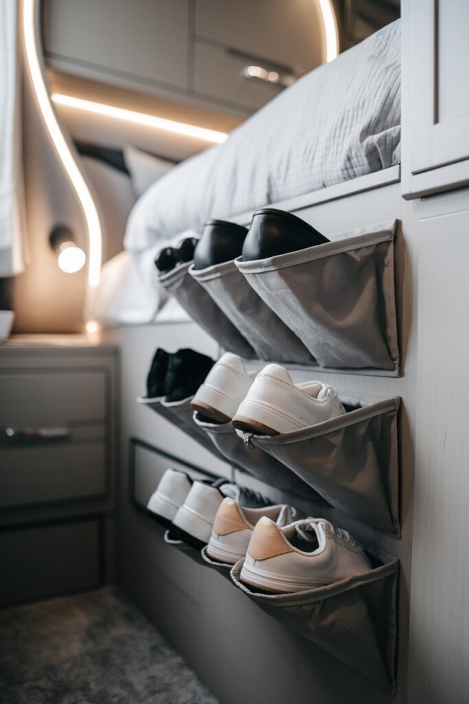 An RV bedroom with a bedside shoe organizer attached to the side of the bed