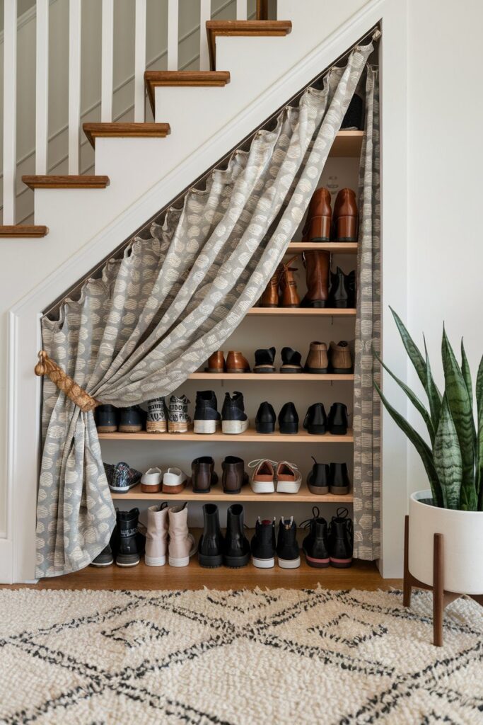 Curtain-Covered Shoe Alcove