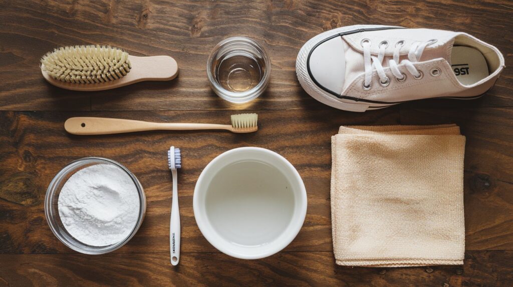 A collection of cleaning supplies for Converse shoes, including a brush, baking soda, vinegar, toothbrush, and microfiber cloth.