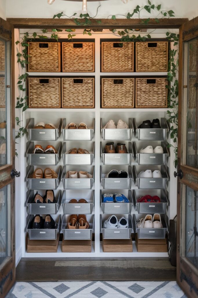 A beautifully organized shoe rack with woven wicker baskets and sleek metallic boxes.