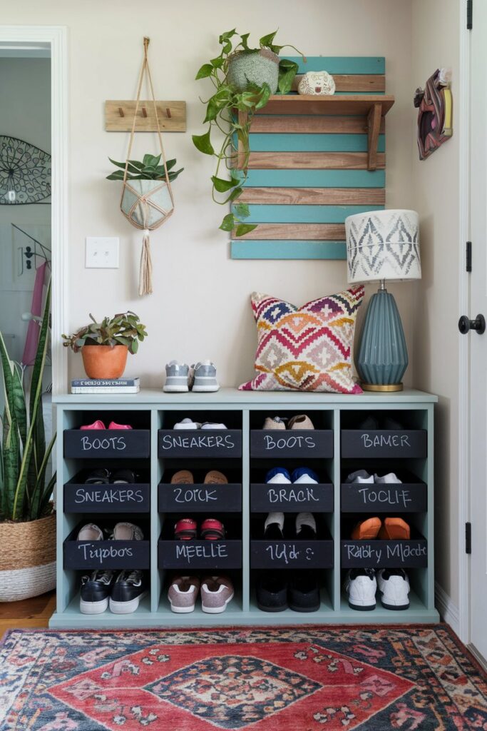 A functional and playful shoe rack painted with chalkboard sections for labeling. 