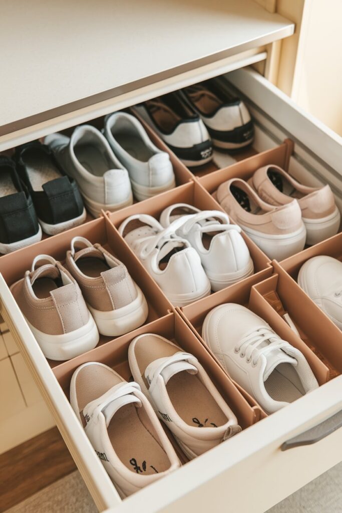 A neatly organized RV drawer with adjustable dividers holding various pairs of shoes