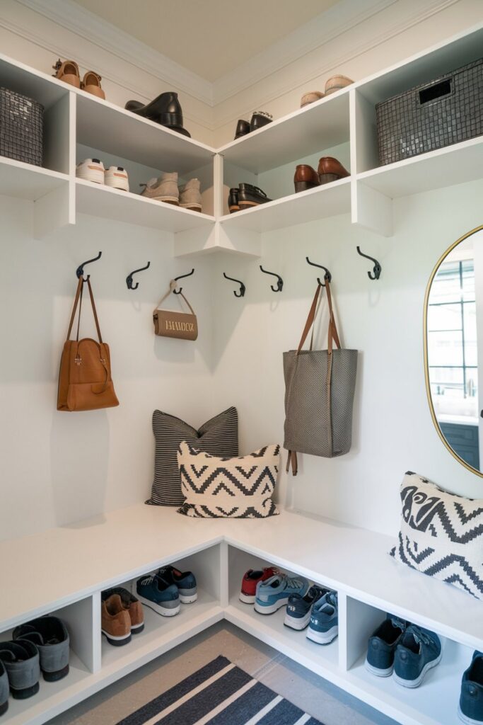 A compact mudroom utilizing corner shelving for efficient shoe storage. 