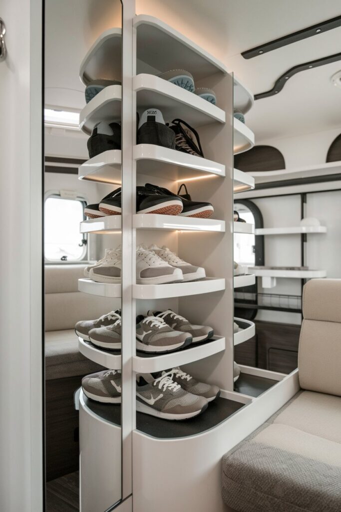 A contemporary RV living area with a shoe rack that includes built-in mirrors.