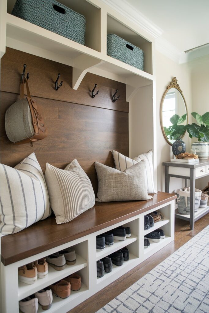 A bright and organized mudroom with clear, transparent shoe boxes stacked neatly on white wall-mounted shelves.