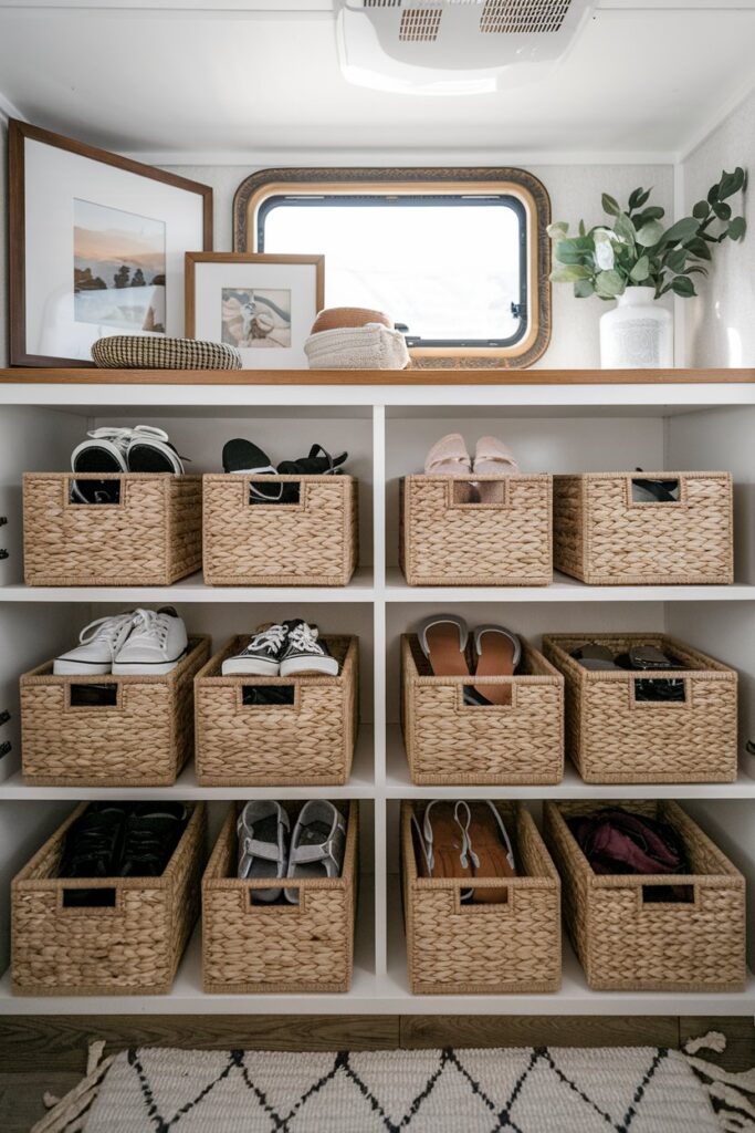 A cozy RV mudroom with woven shoe baskets placed on shelves. Each basket contains a different type of shoe,