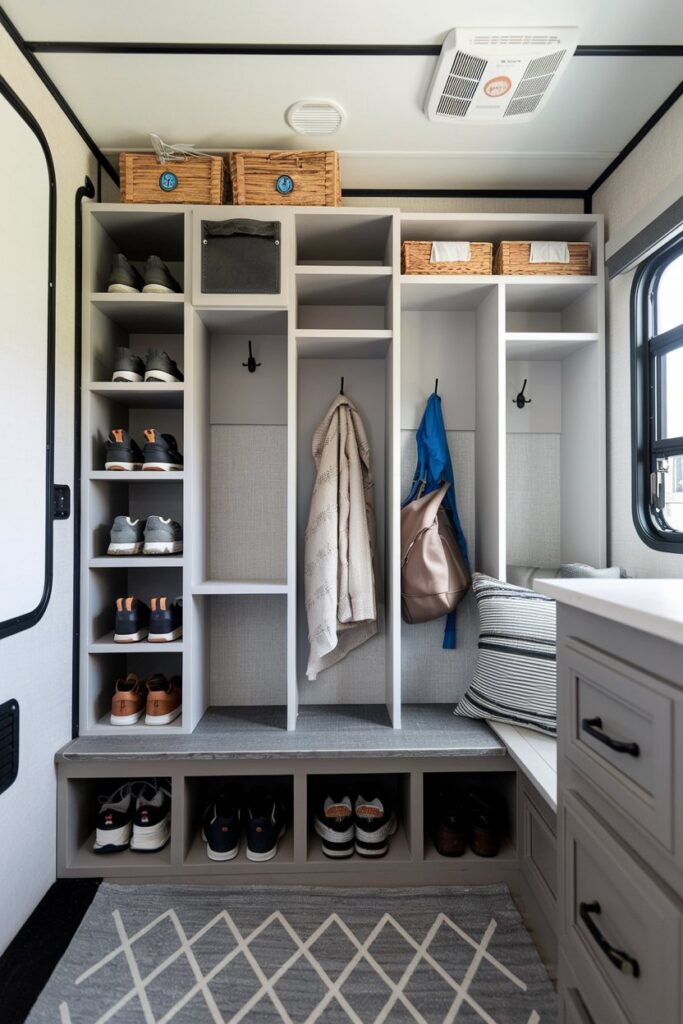 A customizable RV mudroom with modular shoe storage units consisting of interchangeable shelves