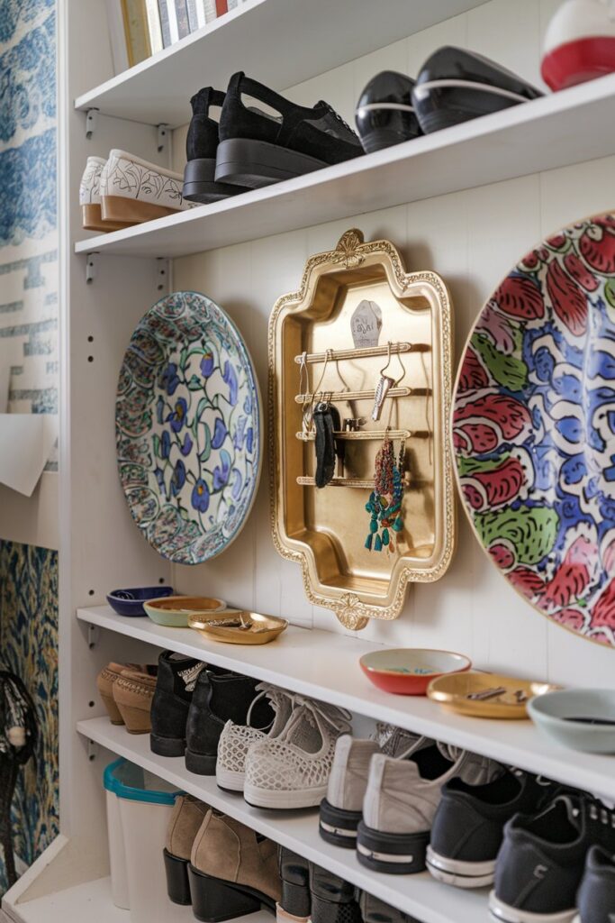 A fashionable shoe rack adorned with decorative gold trays and colorful ceramic plates