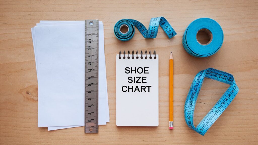 Measuring tools such as a ruler, measuring tape, paper, and pencil, arranged neatly for foot measurement.