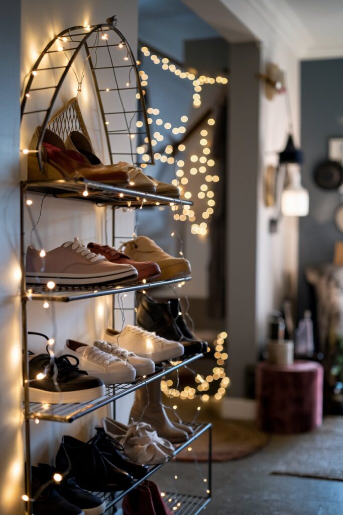 A magical shoe rack adorned with fairy lights woven through the shelves and hanging delicately around the shoes.