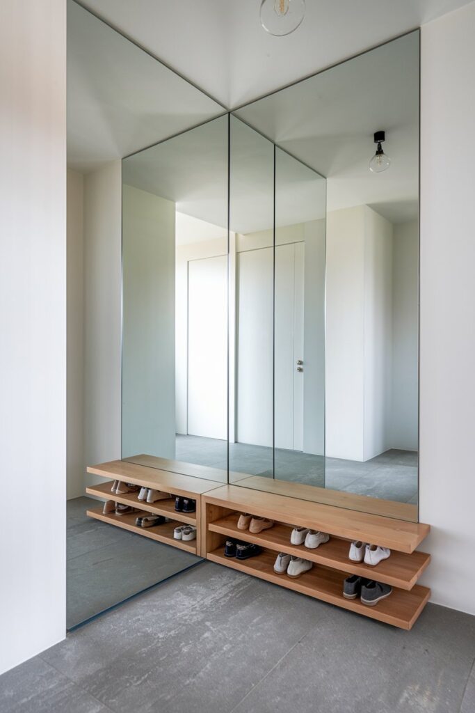 A sleek shoe rack integrated with large mirror panels, reflecting the neatly arranged shoes and making the space appear larger