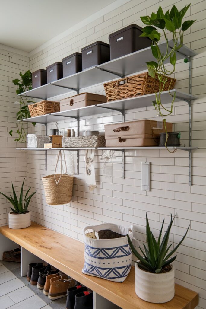 A modern entryway with a wall-mounted open shelving unit that displays boot boxes 